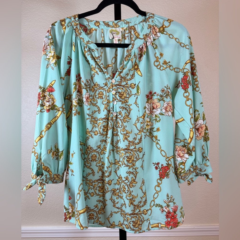 Fig & Flower Blouse Tie Sleeve Aqua Gold Anthropologie Cottagecore Spring Small - Picture 1 of 9